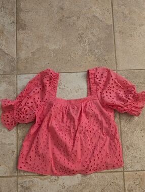 State Brand Women's Pink Eyelet Puff Sleeve Top